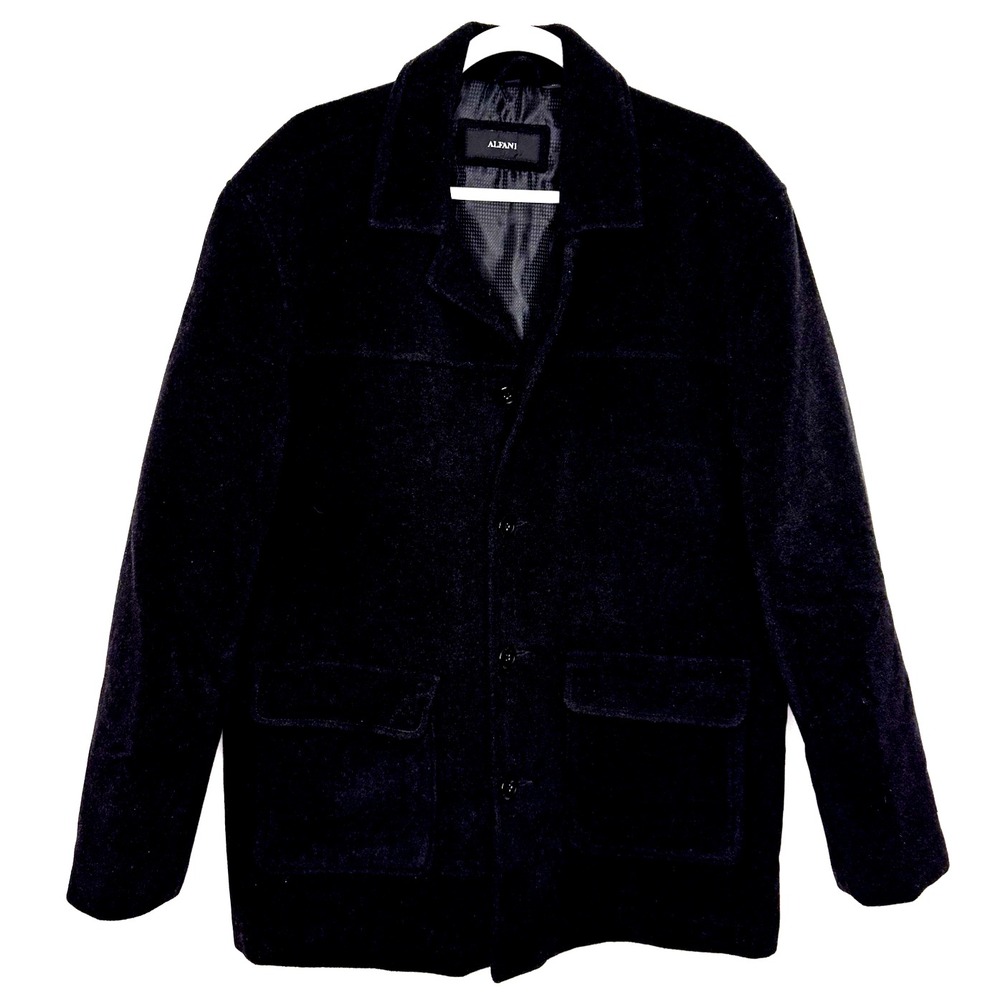 Alfani Pea Coat Men L Black Wool Cashmere Blend 4 Button Quilted Lining